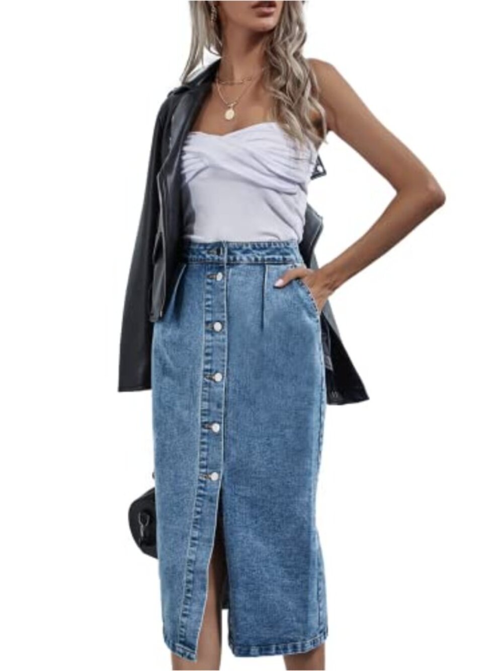 High Waisted Washed Button Front Denim Midi Skirt
